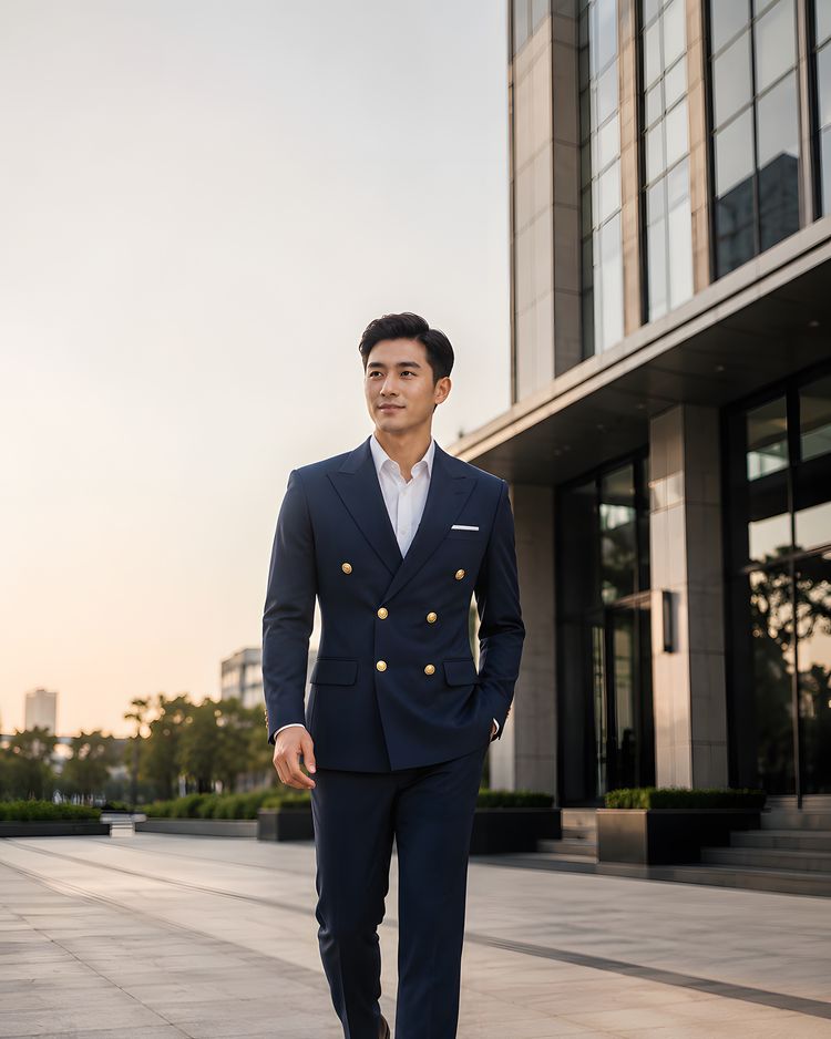 Người mẫu mặc áo vest xanh than hai hàng cúc